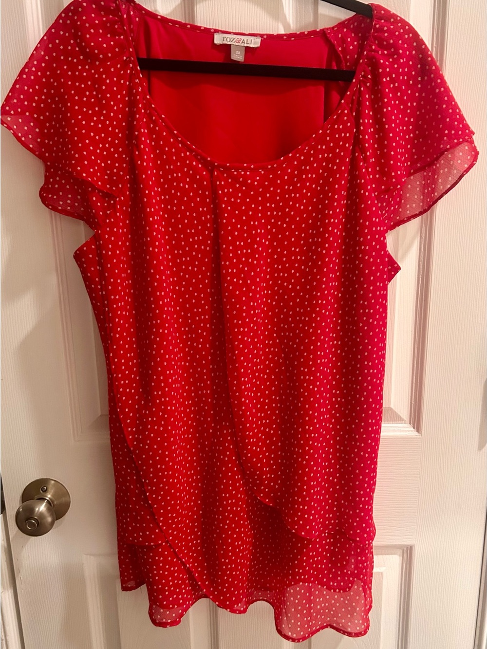 Roz & Ali Red Polka Dot Flutter Sleeve Blouse
